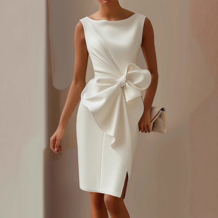 Midi Dress Summer - Boat Neck Bow Detail Bodycon Occasion