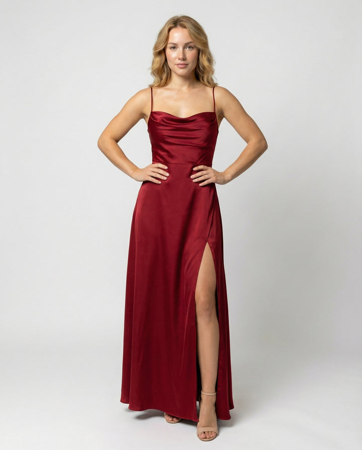Satin Cowl Neck Maxi Dress - Split Formal Evening