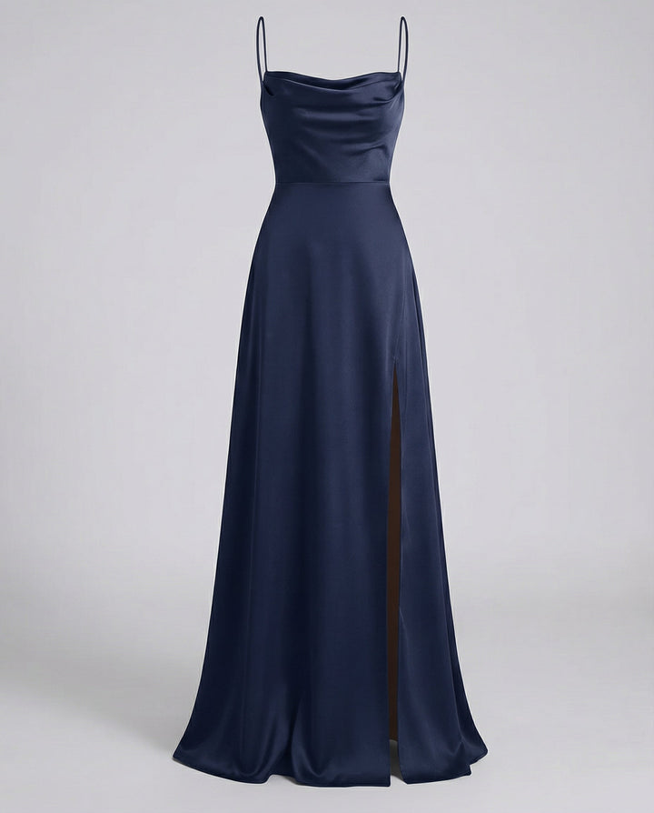 Satin Cowl Neck Maxi Dress - Split Formal Evening
