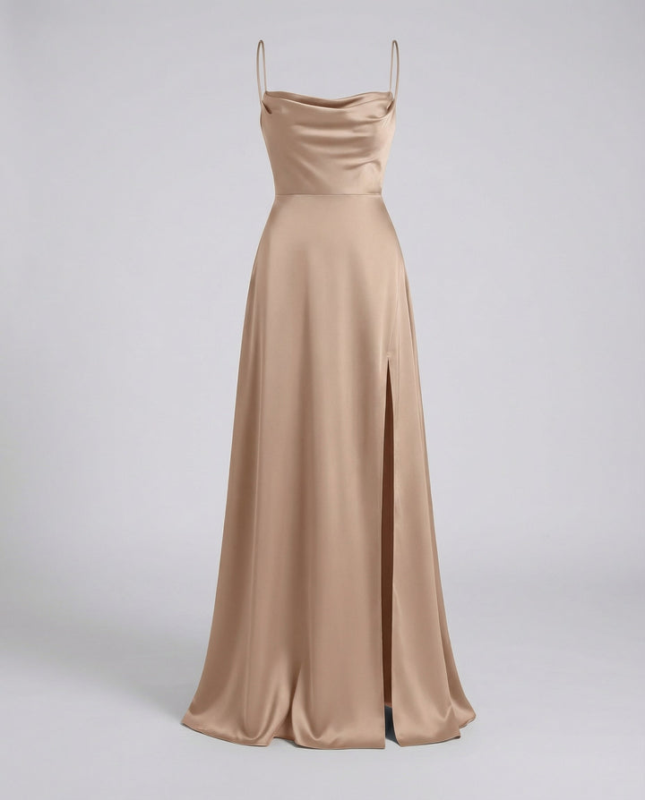 Satin Cowl Neck Maxi Dress - Split Formal Evening