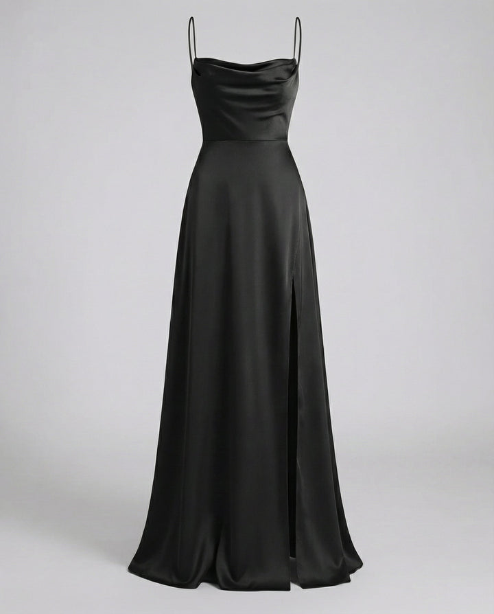 Satin Cowl Neck Maxi Dress - Split Formal Evening