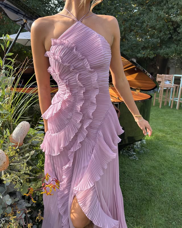 Ruffle Tier Pleated Maxi Dress - Halter Wedding Guest