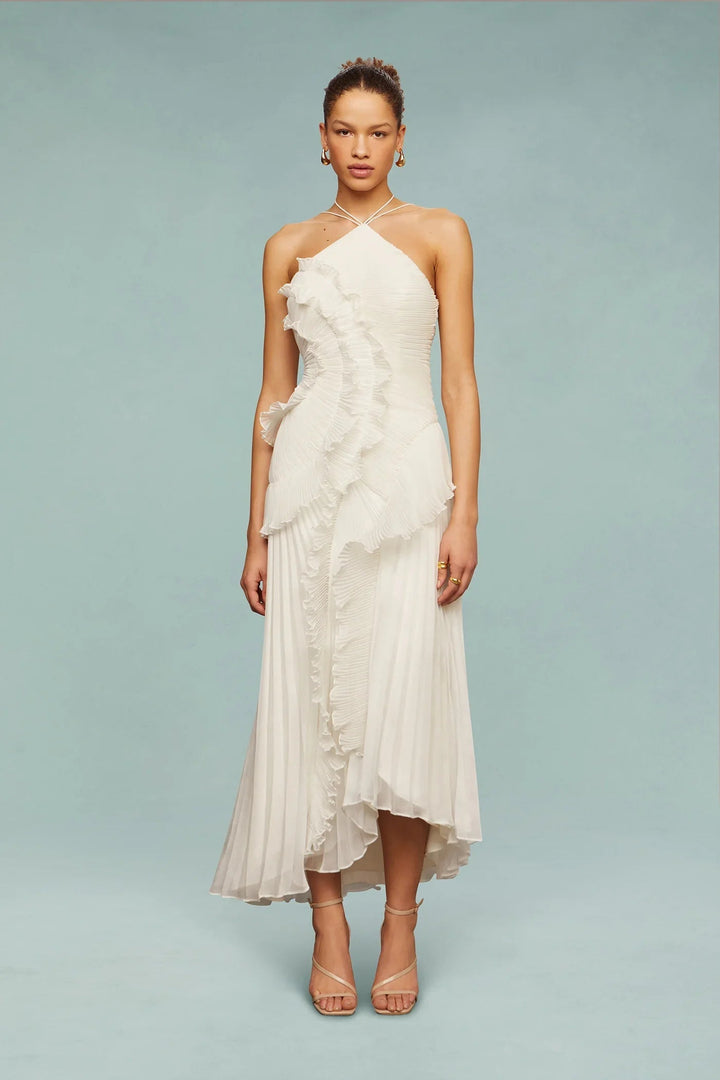 Ruffle Tier Pleated Maxi Dress - Halter Wedding Guest