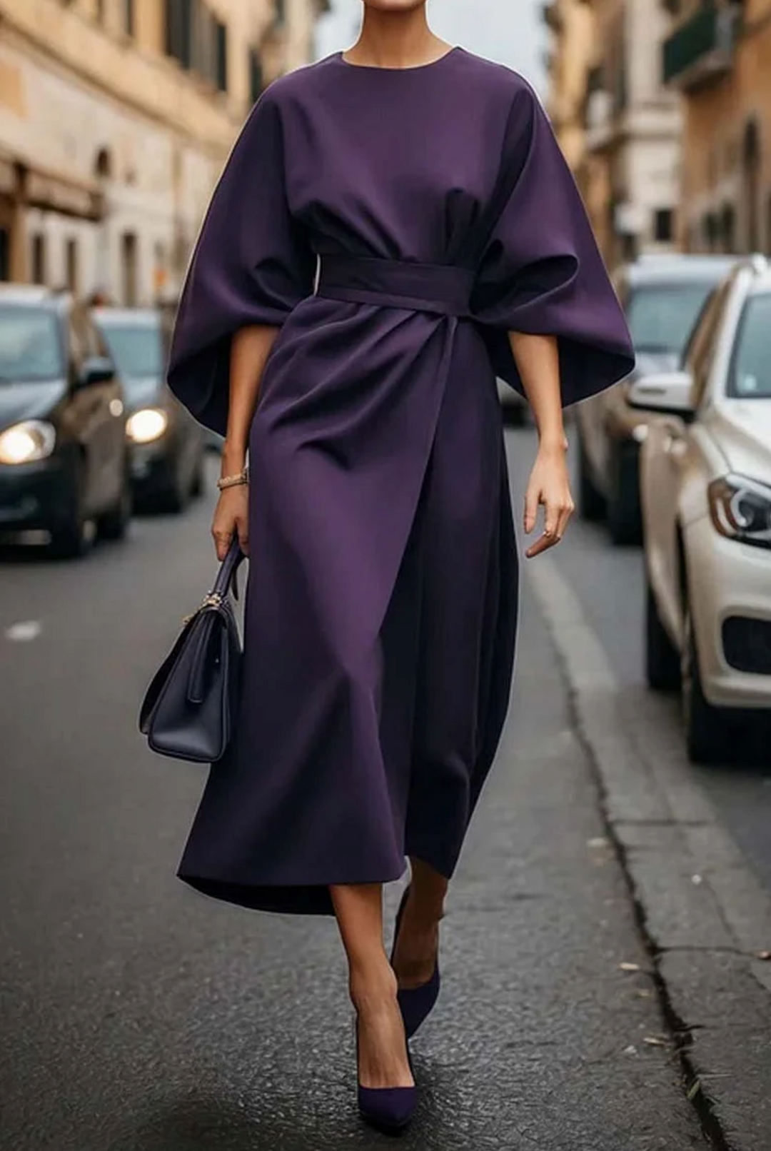 Women's Midi Dress - Belted Flowy Elegant Wedding Guest