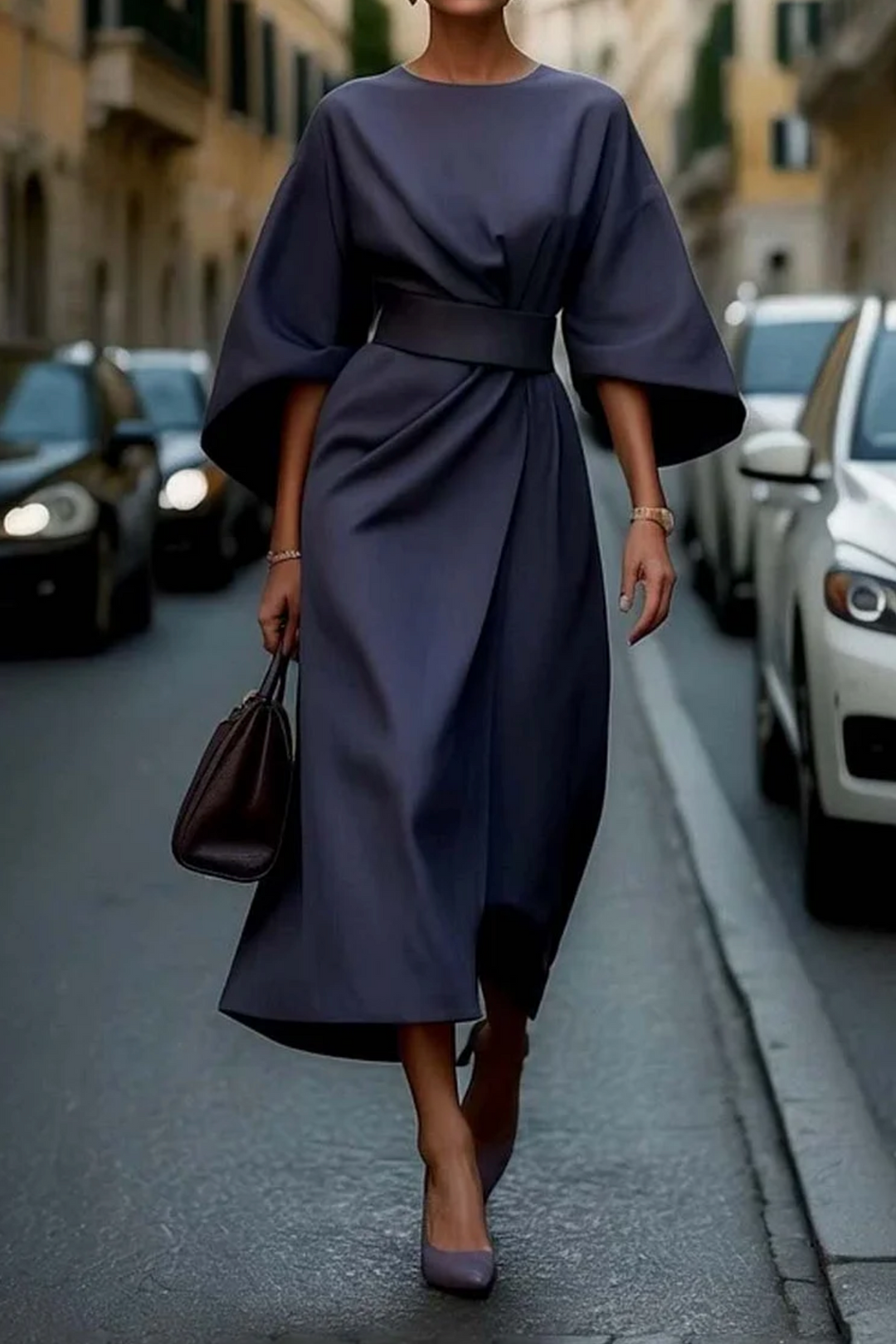 Women's Midi Dress - Belted Flowy Elegant Wedding Guest