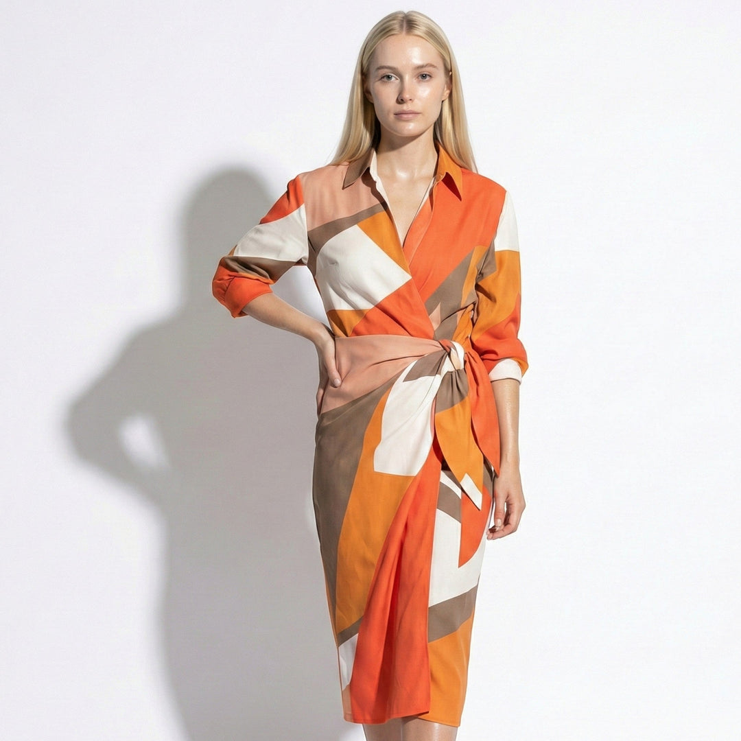 Wrap Midi Dress - Long Sleeve Printed Wedding Guest Occasion