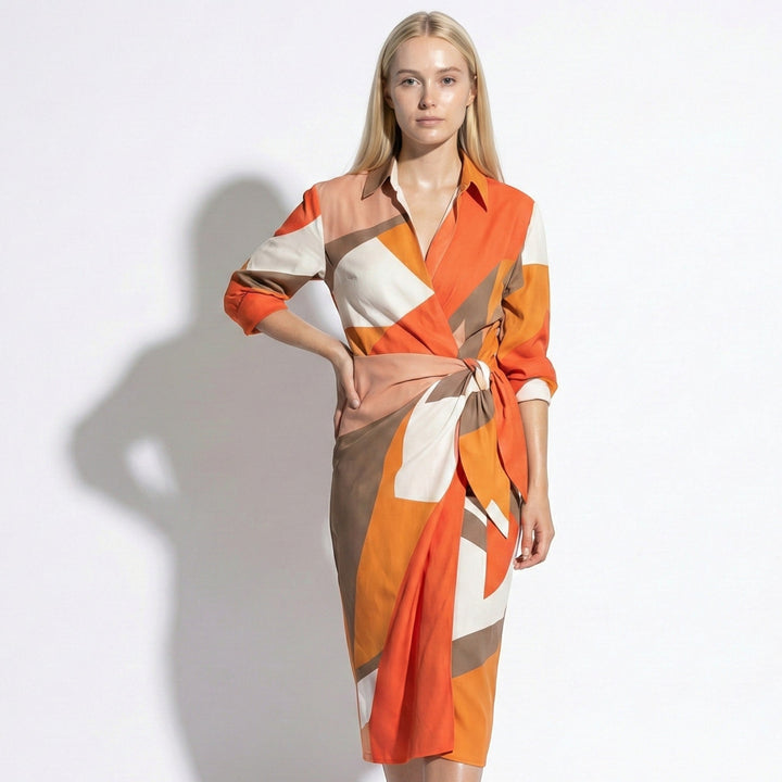 Wrap Midi Dress - Long Sleeve Printed Wedding Guest Occasion