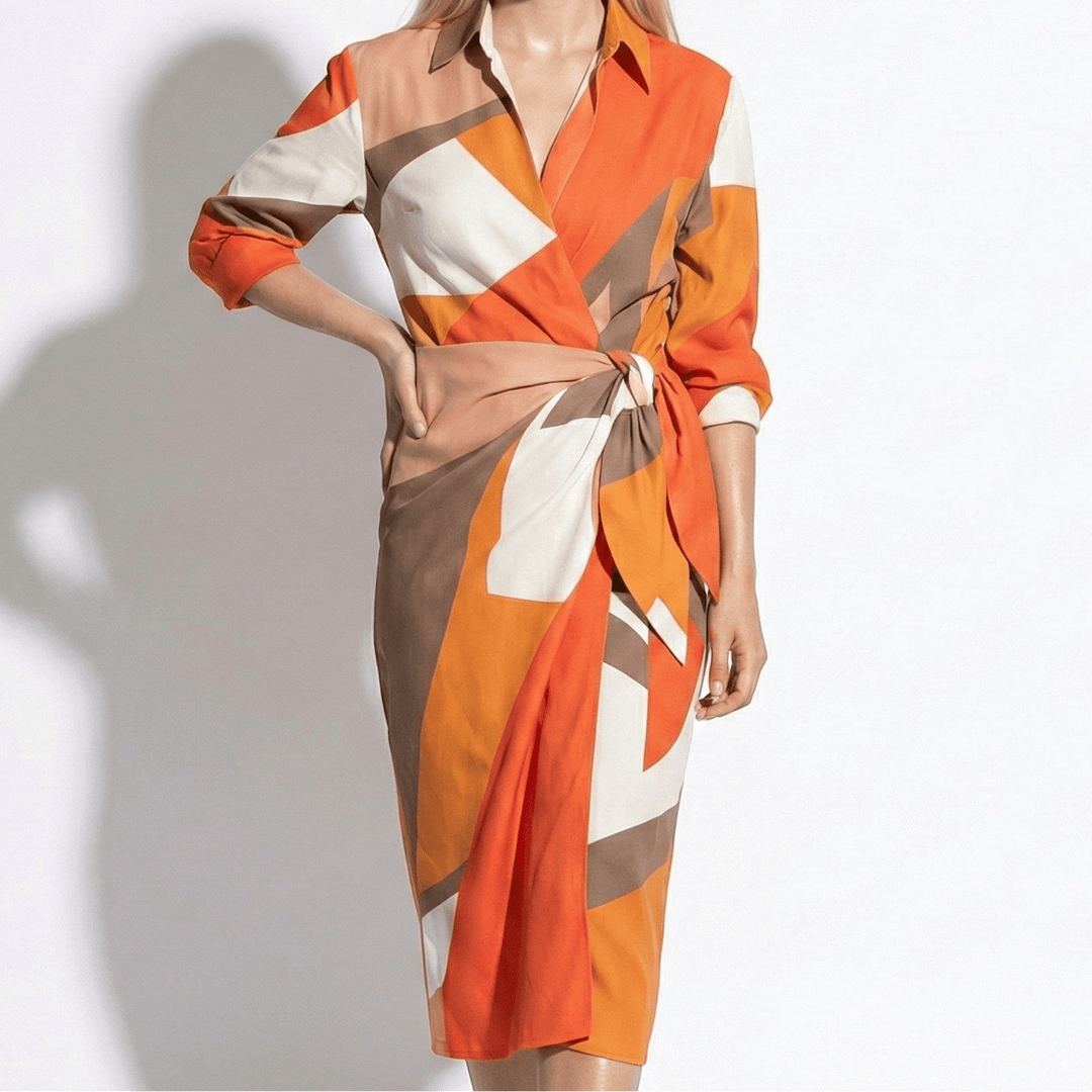 Wrap Midi Dress - Long Sleeve Printed Wedding Guest Occasion