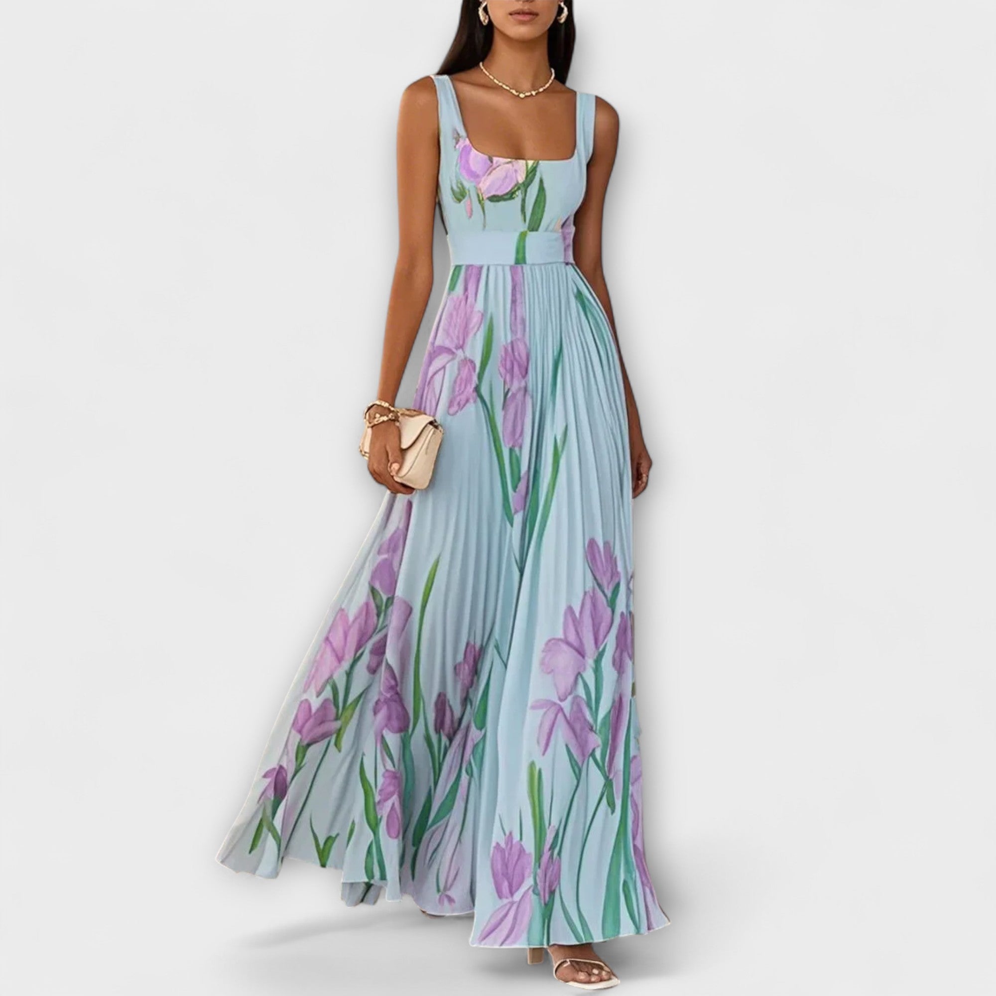 Women's Floral Garden Dress - Spring Chiffon Pleated Maxi