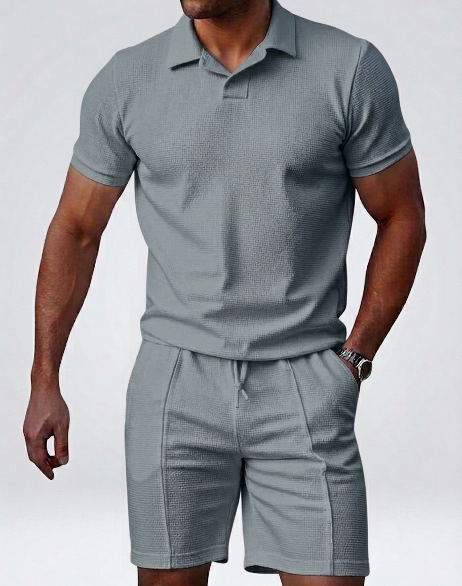 Men’s Textured Polo & Shorts Set - Slim Fit Breathable