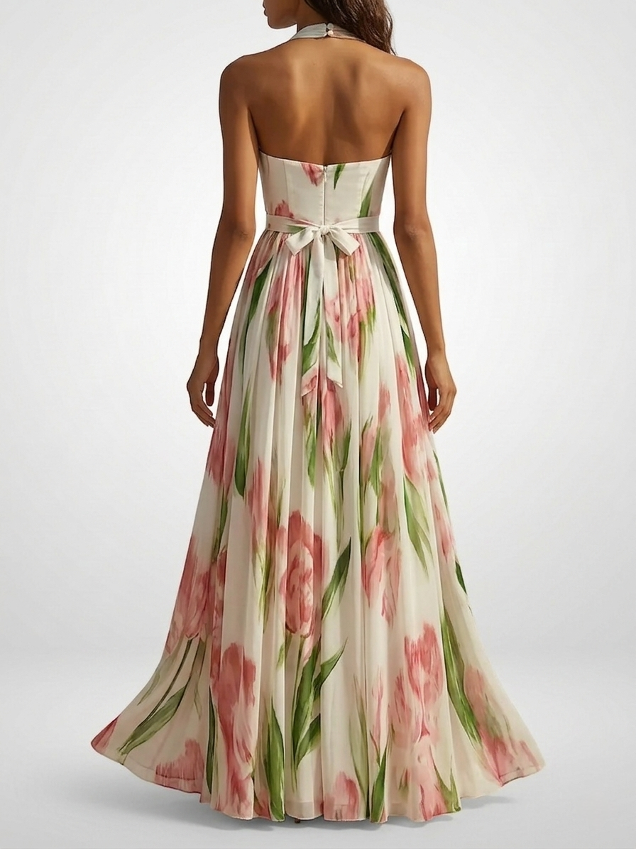 Women's Chiffon Halter Maxi Dress – Floral Watercolor Print