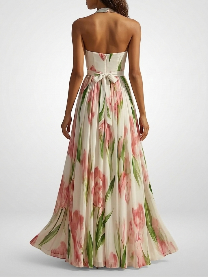 Women's Chiffon Halter Maxi Dress – Floral Watercolor Print