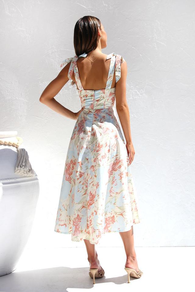 Pastel Floral Wedding Guest Midi Dress – Tie-Shoulder Ruched