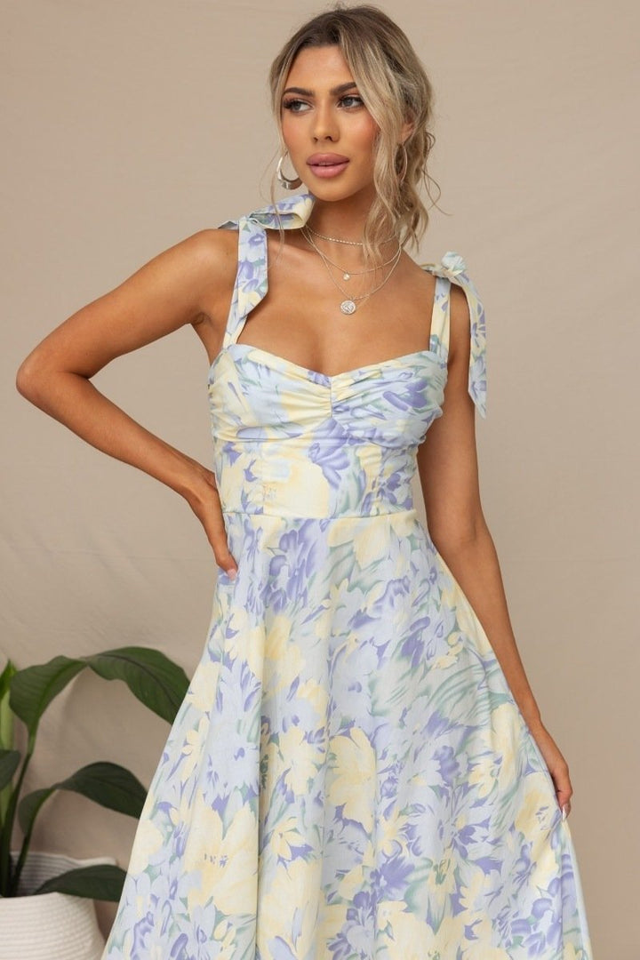 Woven Midi Dress - Floral Wedding Guest Sweetheart Ruched