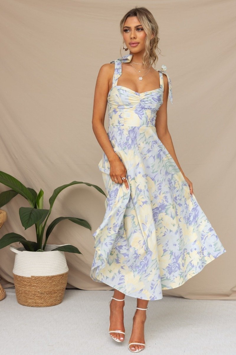 Pastel Floral Wedding Guest Midi Dress – Tie-Shoulder Ruched
