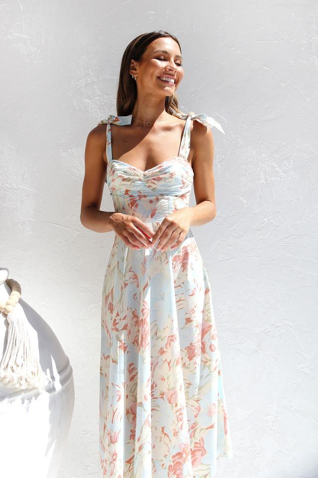 Pastel Floral Wedding Guest Midi Dress – Tie-Shoulder Ruched