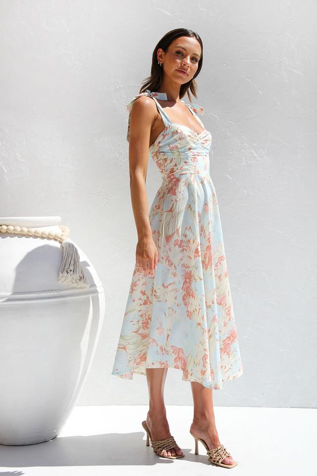 Pastel Floral Wedding Guest Midi Dress – Tie-Shoulder Ruched