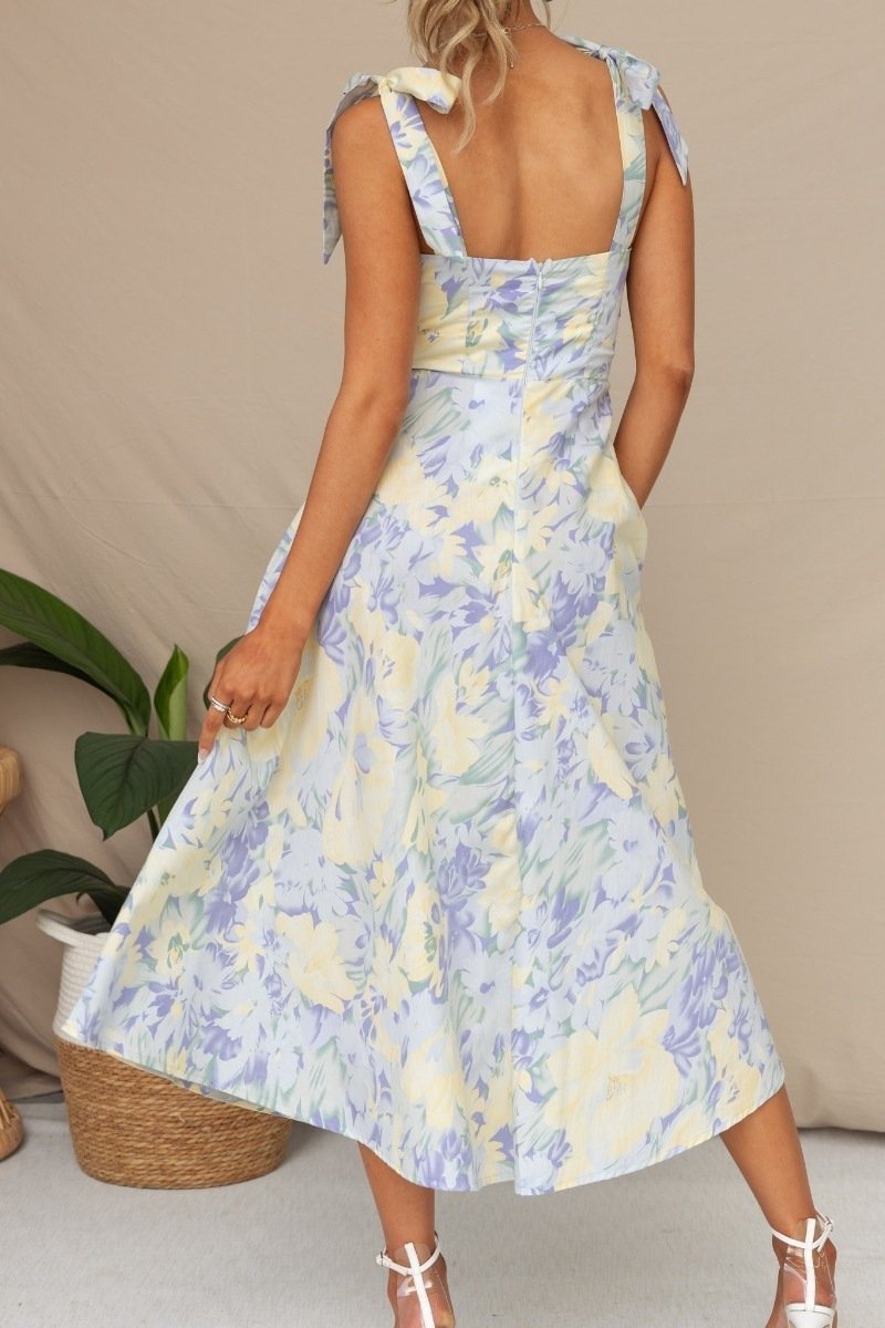 Woven Midi Dress - Floral Wedding Guest Sweetheart Ruched