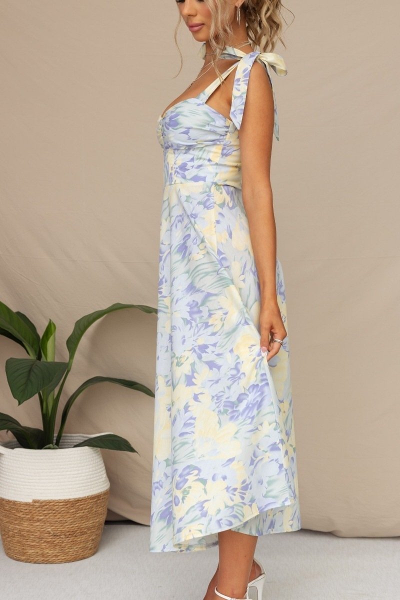 Pastel Floral Wedding Guest Midi Dress – Tie-Shoulder Ruched