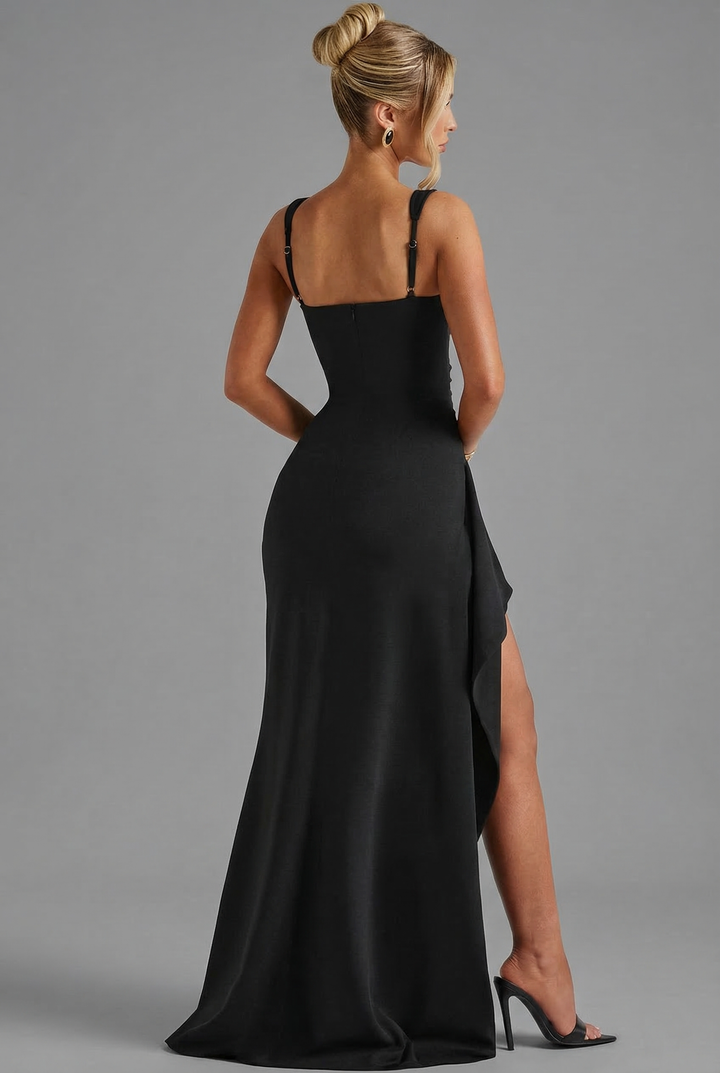Women’s Elegant Satin Maxi Dress - Open Back Split Wedding Guest