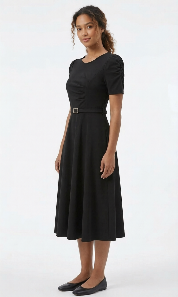 Women's Royal Midi Dress - Elegant Belted A-Line
