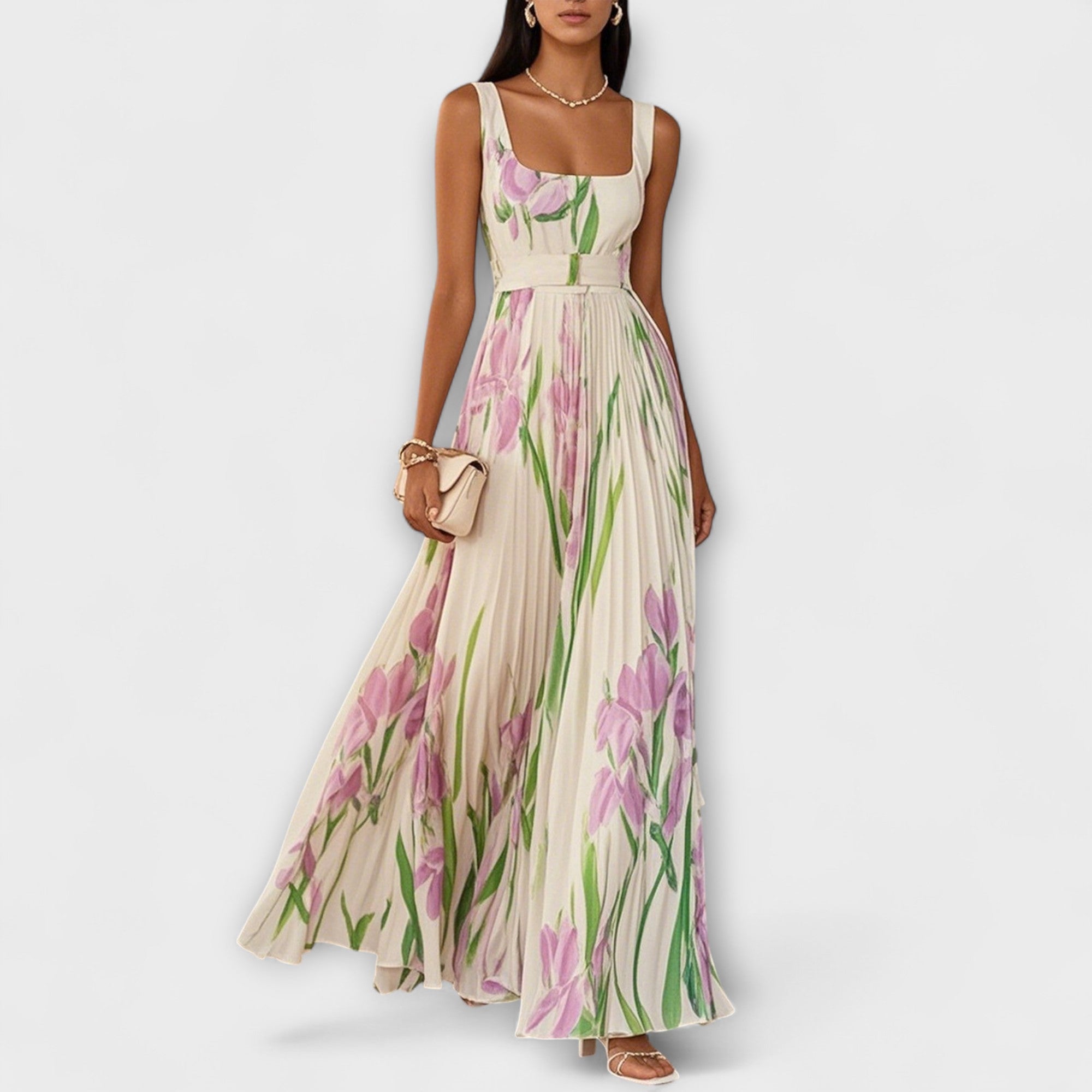Women's Floral Garden Dress - Spring Chiffon Pleated Maxi