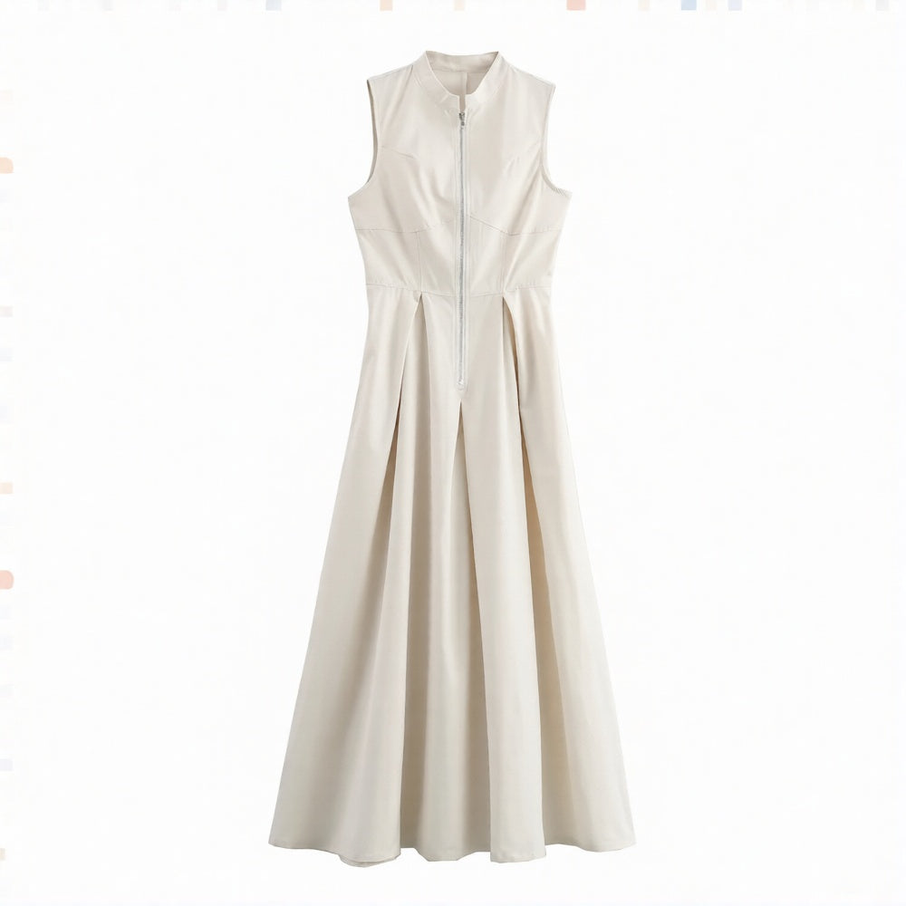 Women's Linen Maxi Dress - Sleeveless Zip Front Pleated