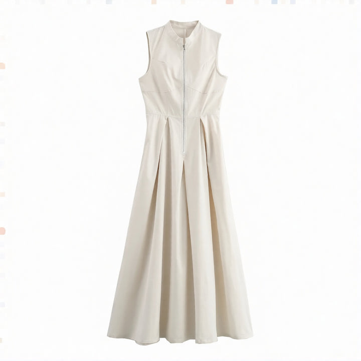 Women's Linen Maxi Dress - Sleeveless Zip Front Pleated