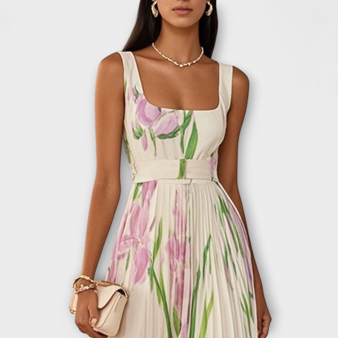 Women's Floral Garden Dress - Spring Chiffon Pleated Maxi