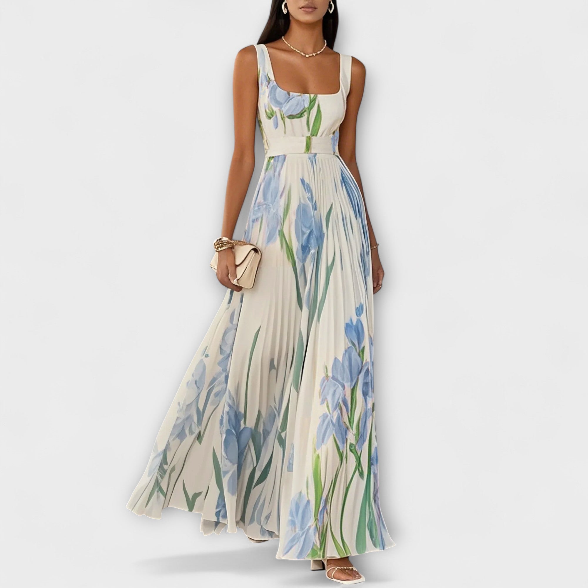 Women's Floral Garden Dress - Spring Chiffon Pleated Maxi
