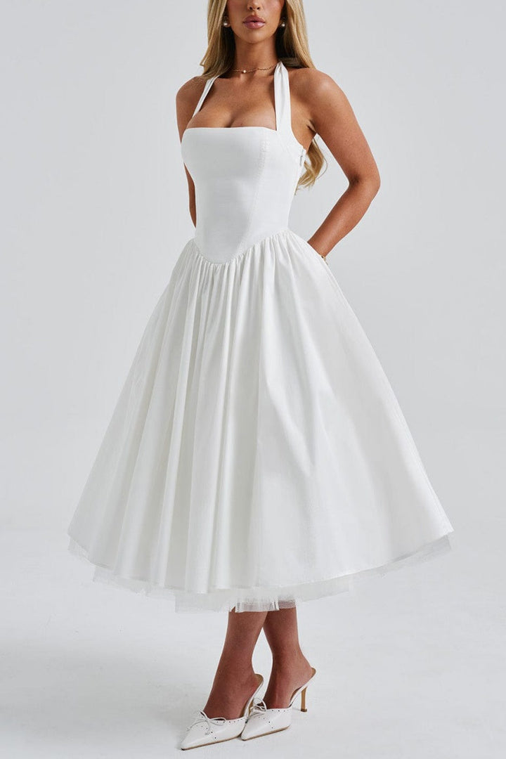 Women's Elegant Halter Midi Dress - Structured Occasion Style