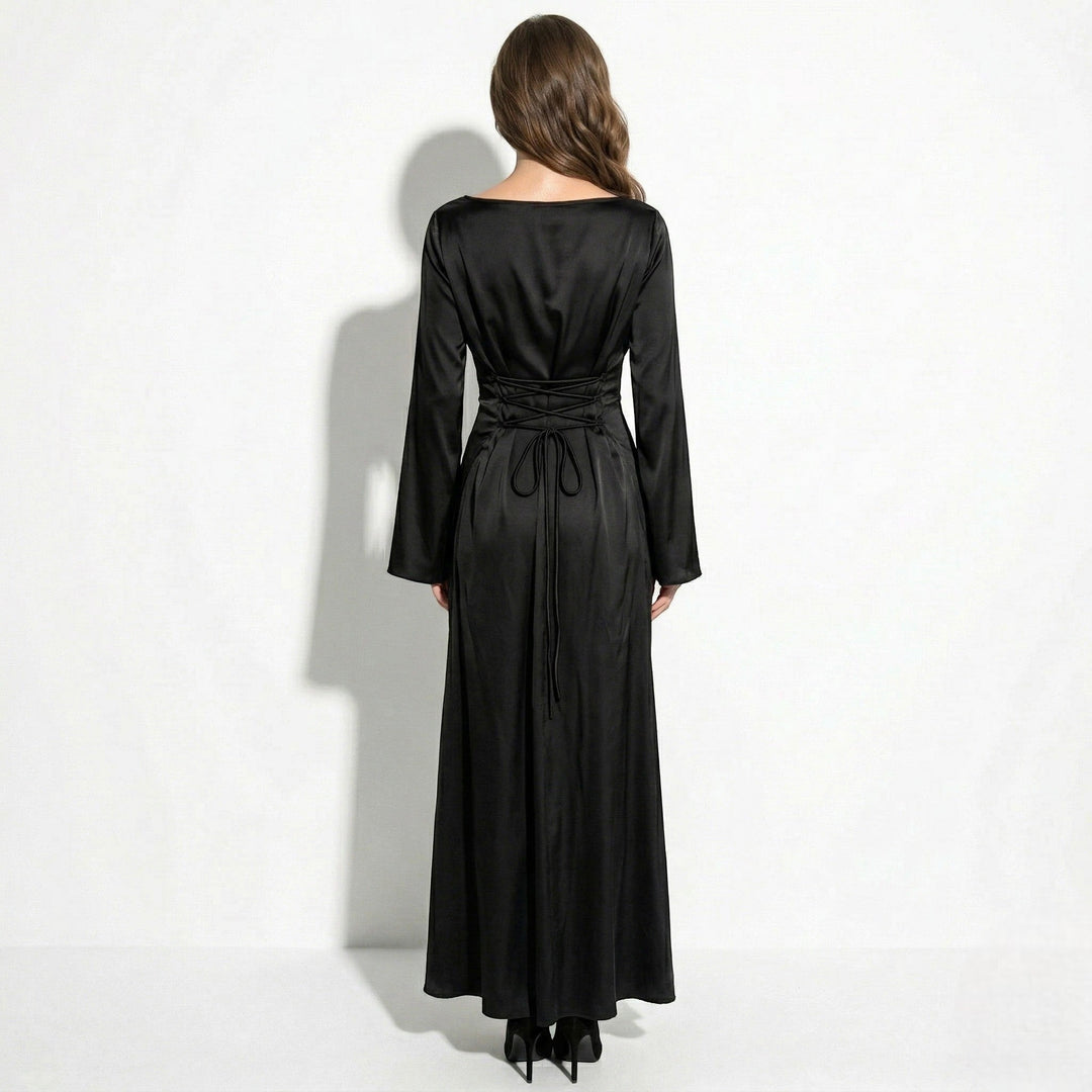 Satin Fishtail Maxi Dress - Bell Sleeve Formal