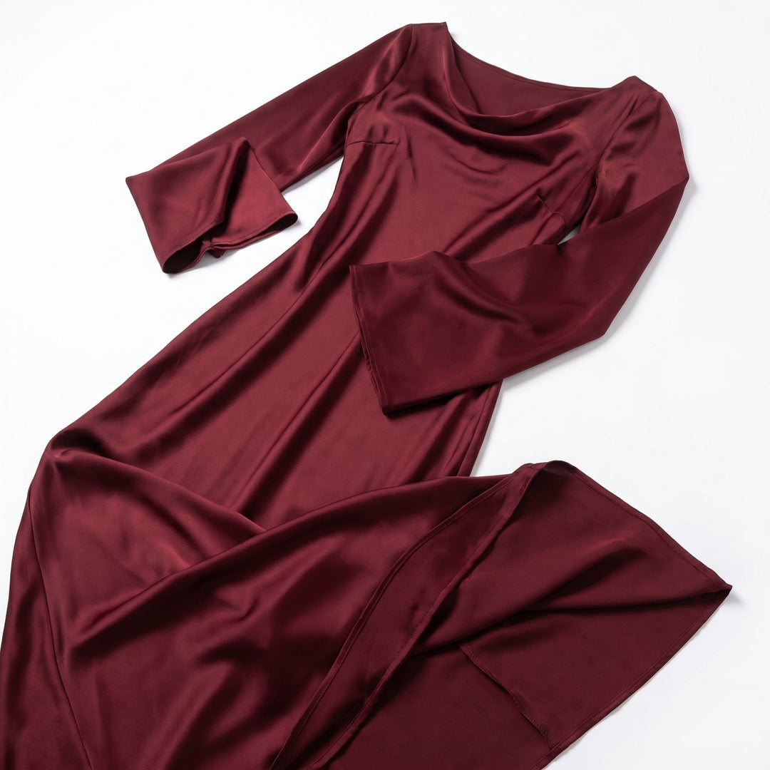 Satin Fishtail Maxi Dress - Bell Sleeve Formal
