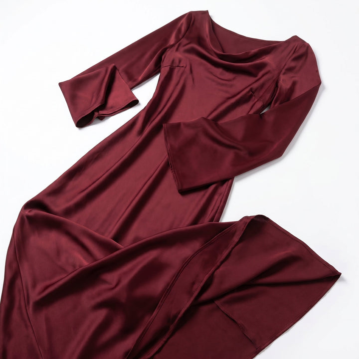 Satin Fishtail Maxi Dress - Bell Sleeve Formal
