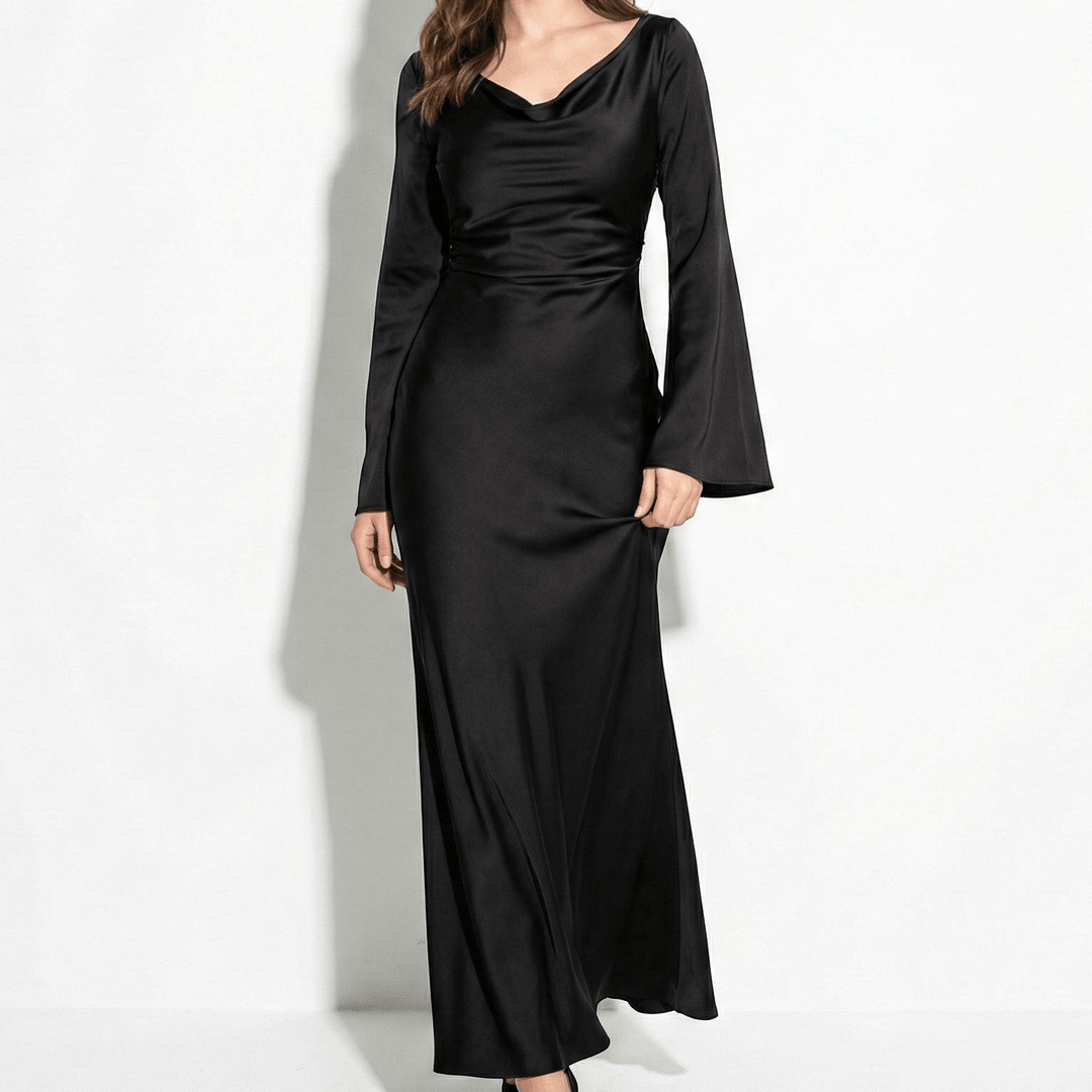 Satin Fishtail Maxi Dress - Bell Sleeve Formal