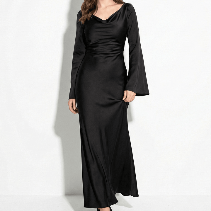 Satin Fishtail Maxi Dress - Bell Sleeve Formal
