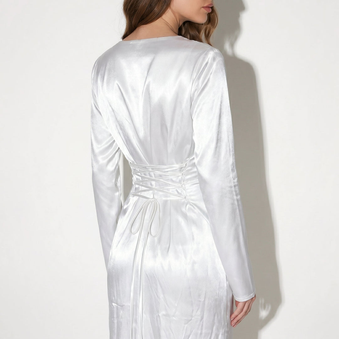 Satin Fishtail Maxi Dress - Bell Sleeve Formal
