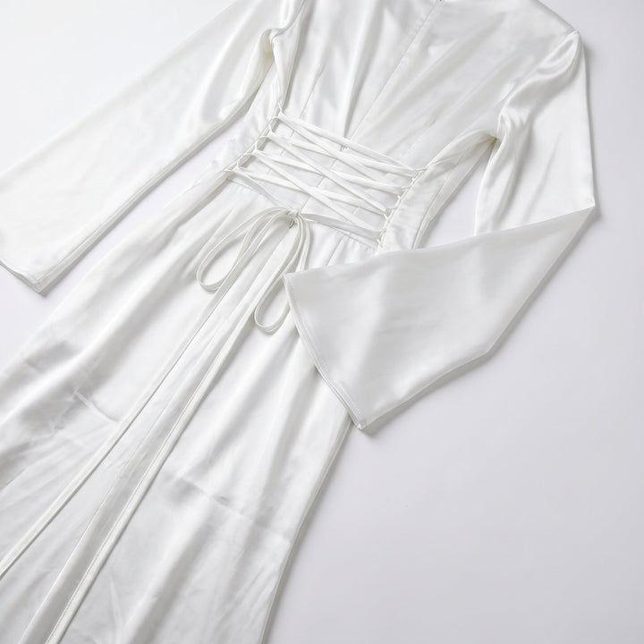 Satin Fishtail Maxi Dress - Bell Sleeve Formal