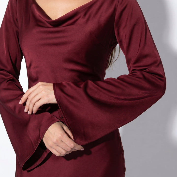 Satin Fishtail Maxi Dress - Bell Sleeve Formal