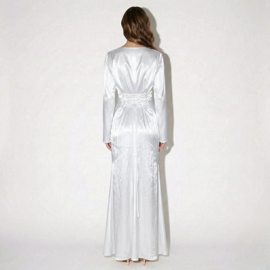 Satin Fishtail Maxi Dress - Bell Sleeve Formal