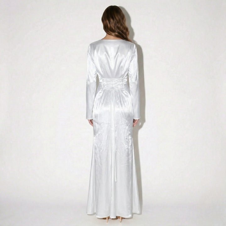 Satin Fishtail Maxi Dress - Bell Sleeve Formal