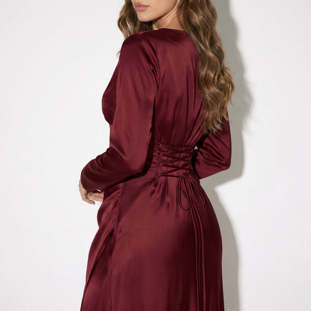 Satin Fishtail Maxi Dress - Bell Sleeve Formal