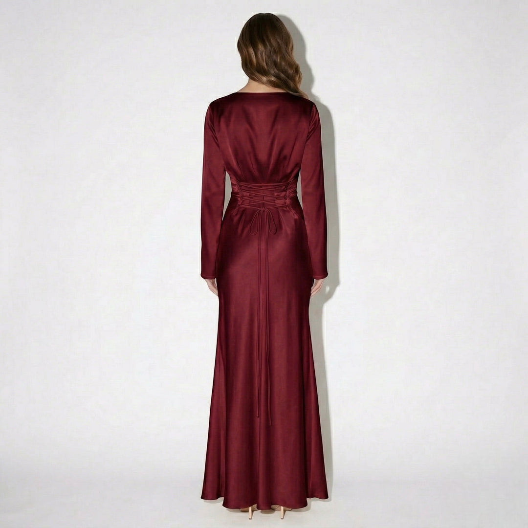 Satin Fishtail Maxi Dress - Bell Sleeve Formal