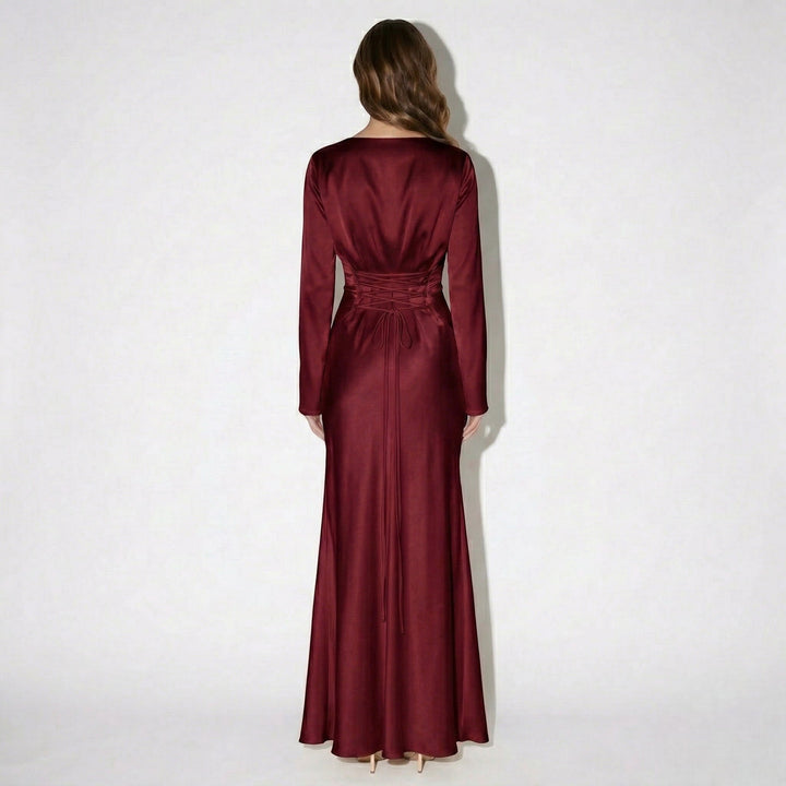 Satin Fishtail Maxi Dress - Bell Sleeve Formal