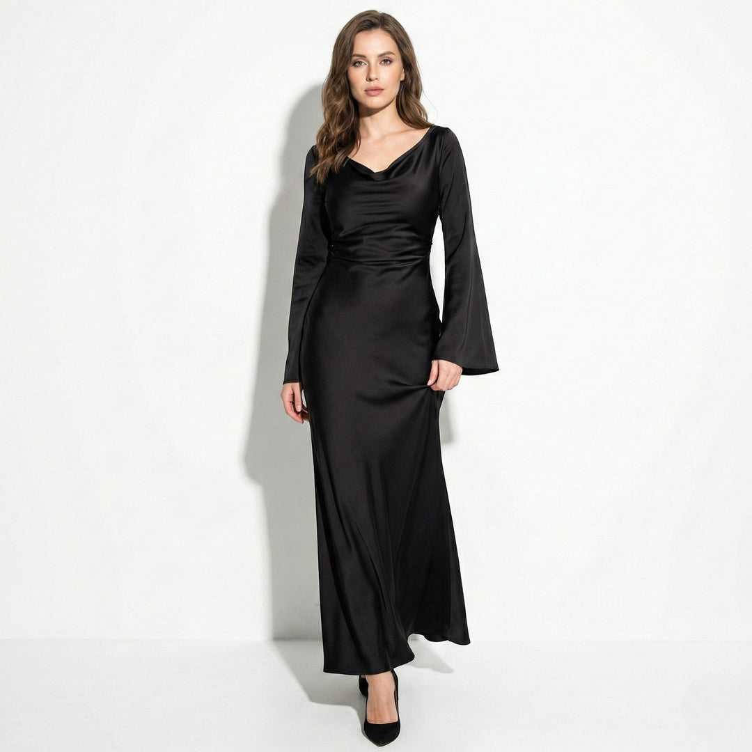 Satin Fishtail Maxi Dress - Bell Sleeve Formal