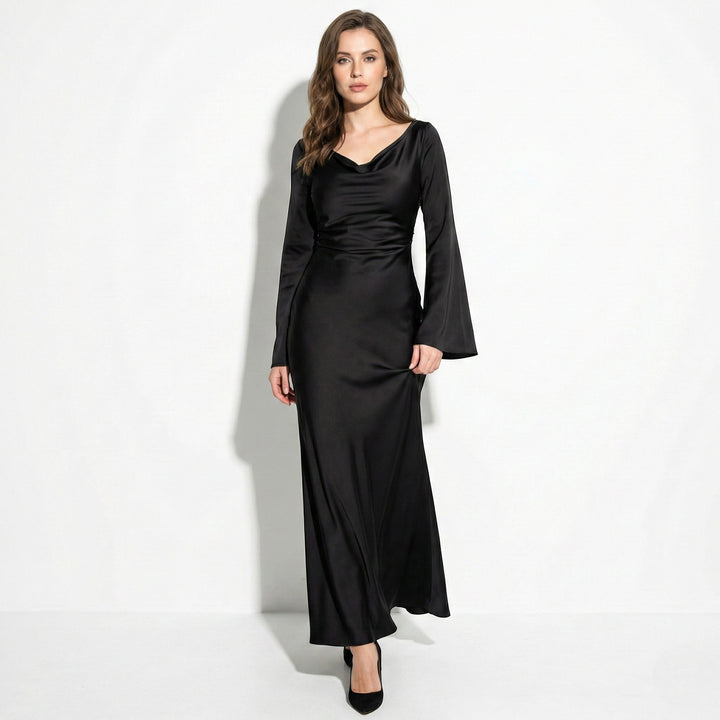 Satin Fishtail Maxi Dress - Bell Sleeve Formal