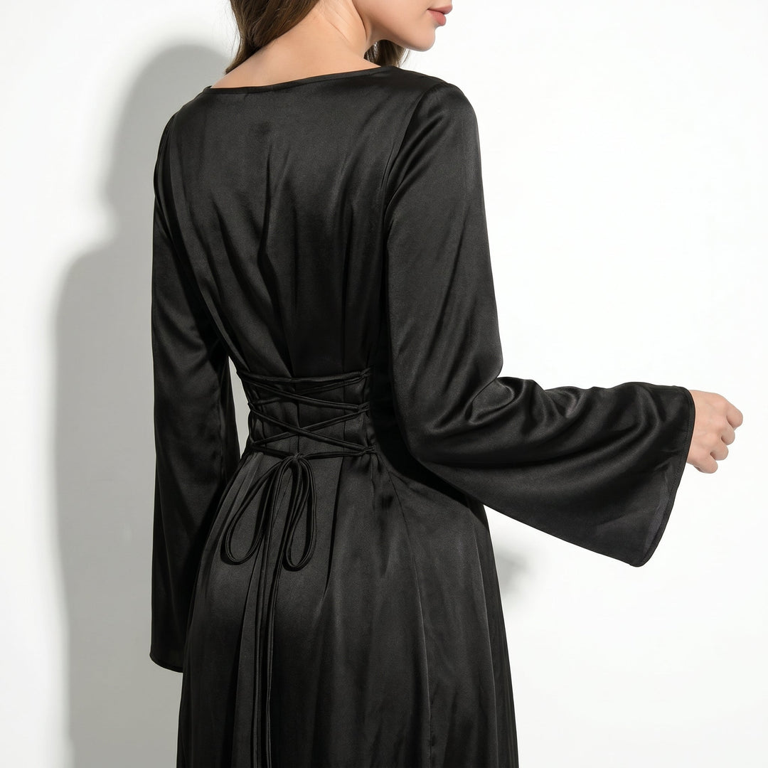Satin Fishtail Maxi Dress - Bell Sleeve Formal