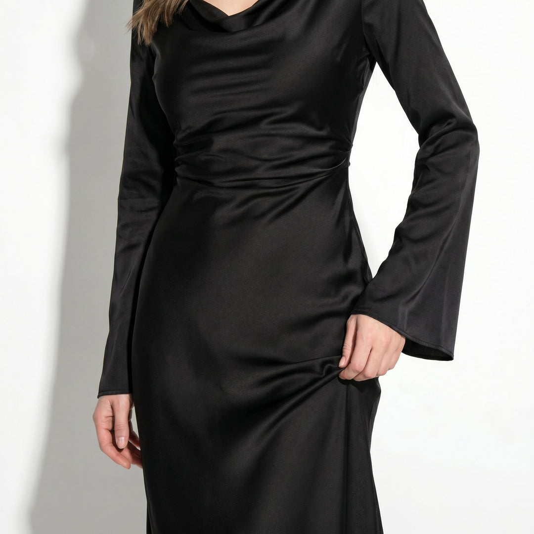 Satin Fishtail Maxi Dress - Bell Sleeve Formal