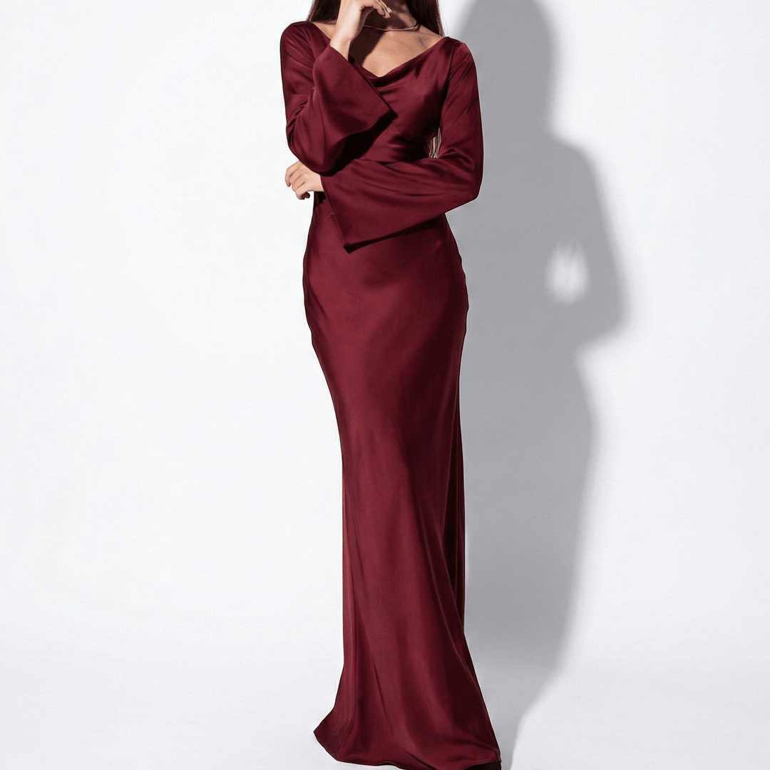 Satin Fishtail Maxi Dress - Bell Sleeve Formal