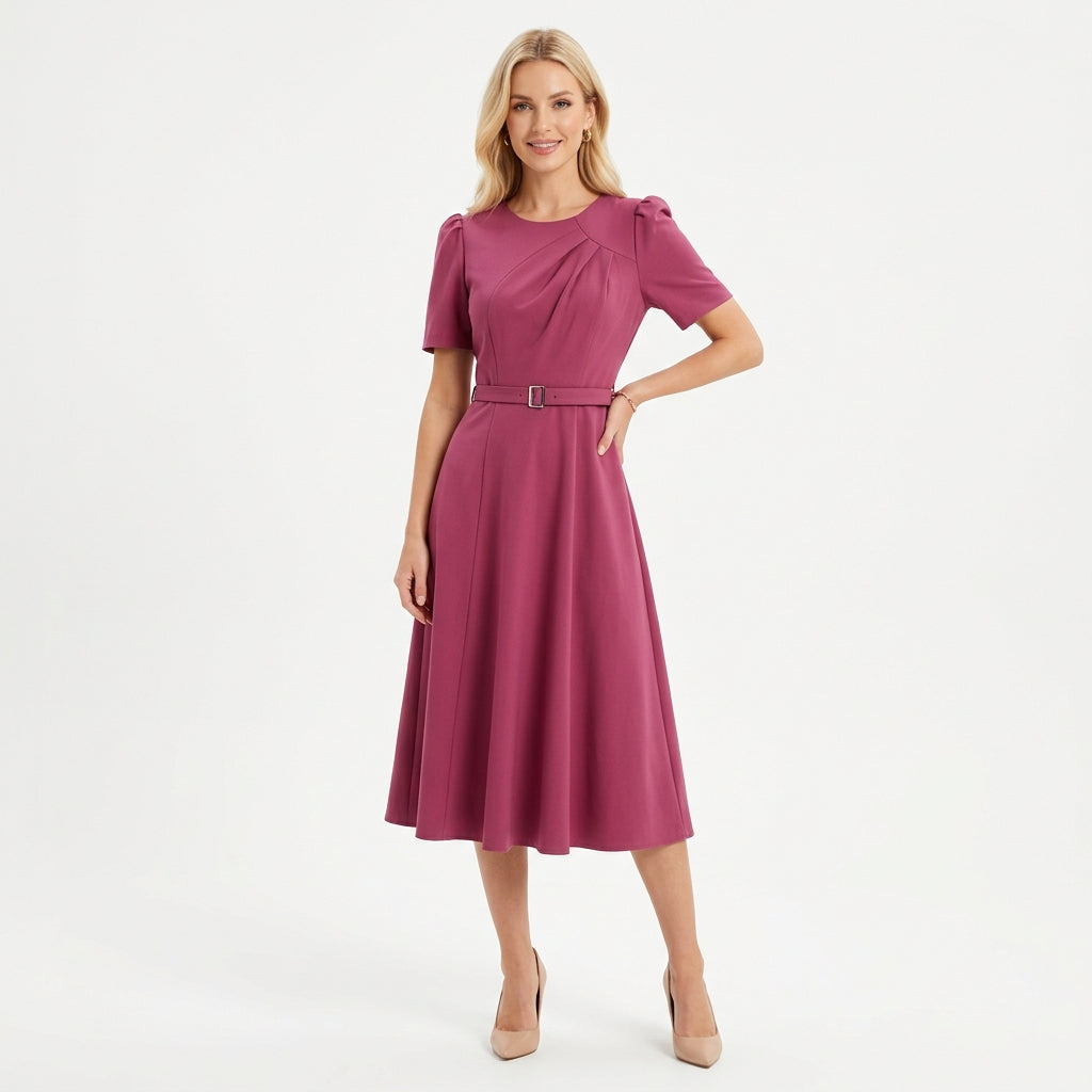 Women's Royal Midi Dress - Elegant Belted A-Line